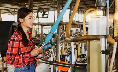 Asian female health worker inspects fresh milk production business, rural cow farm factory area, inspects the cleanliness of milking machines that are hygienic and safe to meet standards.