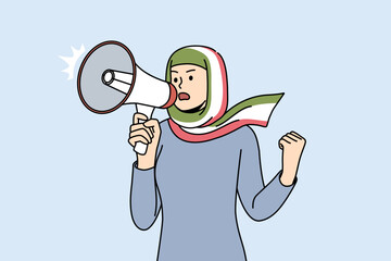 Young woman in hijab with Iranian flag scream in loudspeaker stand for female rights and equality. Decisive girl in headwear with megaphone on protest. Vector illustration. 