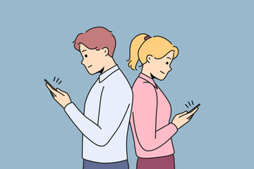 Couple standing back to back texting on cellphones online. Man and woman avoid each other using smartphones cheating on web. Vector illustration. 