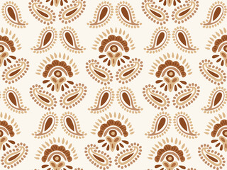 Ethnic hand painted paisley motif in a palette of dark brown, tan brown and beige over off white background. Great for home decor, fabric, wallpaper, stationery, design projects.

