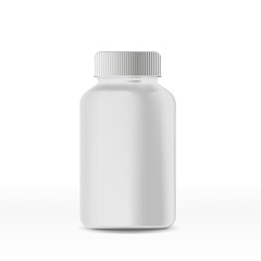Mocap plastic jars for food additives, capsules. Isolated object on a white background with shadow. 3d realistic vector