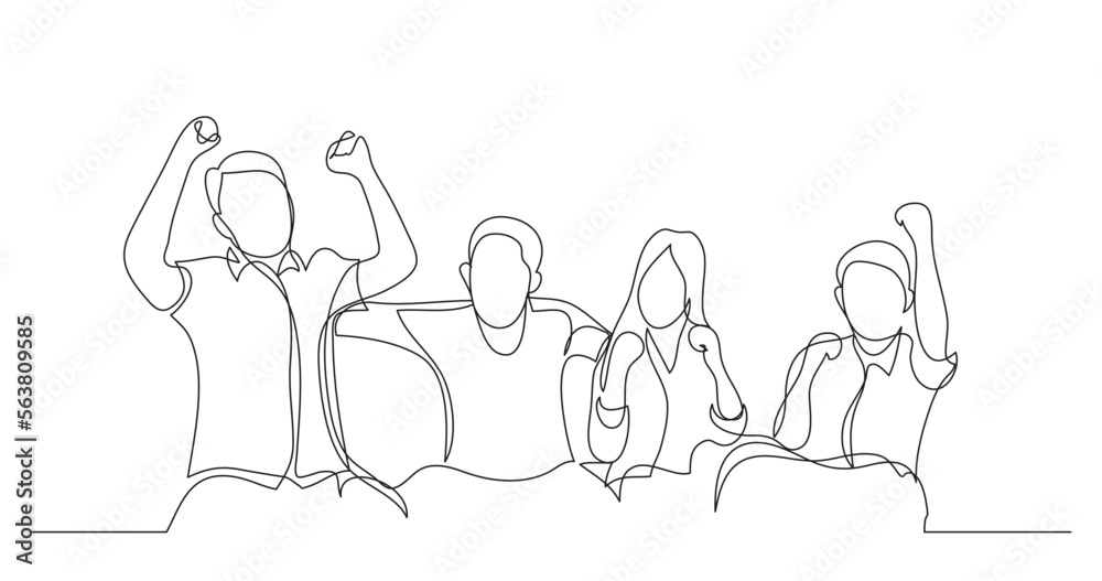Wall mural continuous line drawing vector illustration with fully editable stroke of group of cheering happy fr
