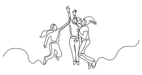 Fototapeta na wymiar continuous line drawing vector illustration with FULLY EDITABLE STROKE of continuous line drawing of group of happy women jumping giving high five