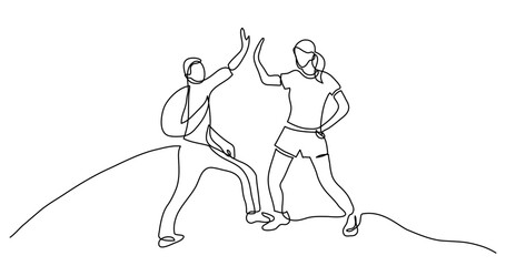 continuous line drawing vector illustration with FULLY EDITABLE STROKE of continuous line drawing of two cheerful young campers giving high five