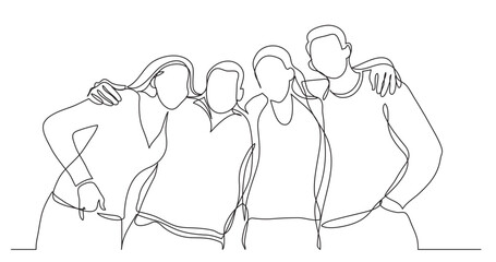 continuous line drawing vector illustration with FULLY EDITABLE STROKE of group of college friends standing together posing
