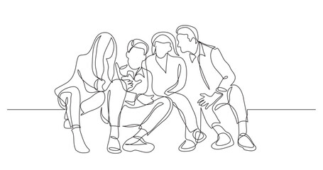 Fototapeta na wymiar continuous line drawing vector illustration with FULLY EDITABLE STROKE of group of friends talking watching mobile phone
