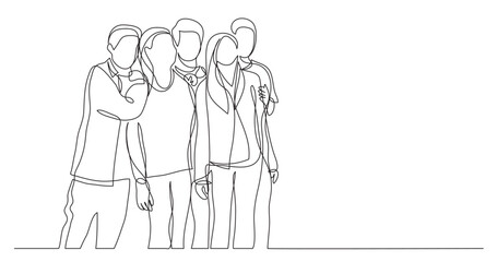 continuous line drawing vector illustration with FULLY EDITABLE STROKE of group of friends teenagers standing together