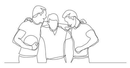 continuous line drawing vector illustration with FULLY EDITABLE STROKE of team of young male athletes standing together holding ball