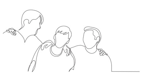 continuous line drawing vector illustration with FULLY EDITABLE STROKE of three close friends hugging each other