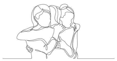 continuous line drawing vector illustration with FULLY EDITABLE STROKE of three female friends greeting hugging each other