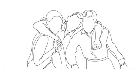 continuous line drawing vector illustration with FULLY EDITABLE STROKE of three friends hugging together