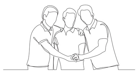 continuous line drawing vector illustration with FULLY EDITABLE STROKE of three male friends showing their friendship holding hands