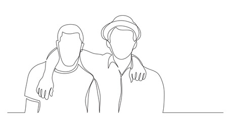 continuous line drawing vector illustration with FULLY EDITABLE STROKE of two hugging friends standing together