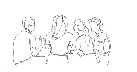 continuous line drawing vector illustration with FULLY EDITABLE STROKE of young friends sitting and talking together