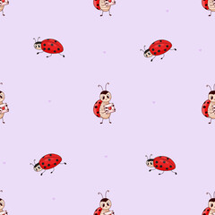 Seamless pattern with cute ladybugs with love letter on purple background. Vector illustration. Endless background for kids collection, valentines day, decor, design, packaging, wallpaper.