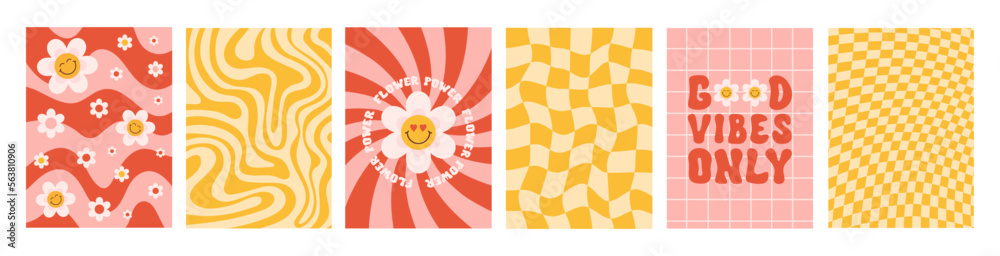 Poster retro groovy set backgrounds in style 60s, 70s. flower power. good vibes only. trendy vector illustr