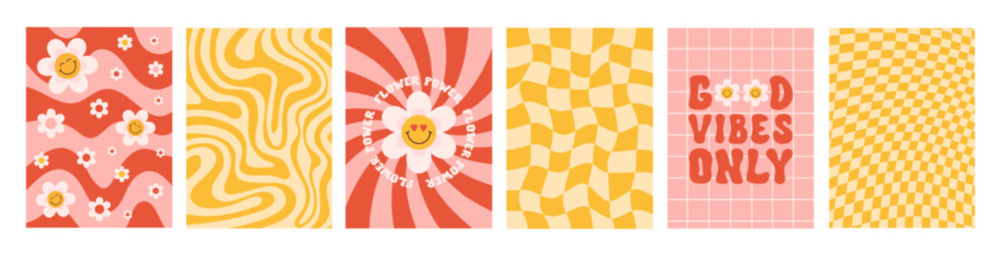 Naklejka Retro groovy set backgrounds in style 60s, 70s. Flower power. Good vibes only. Trendy vector illustration. Red and yellow colors