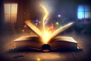 Obraz premium open spell book with magic coming out, generative ai