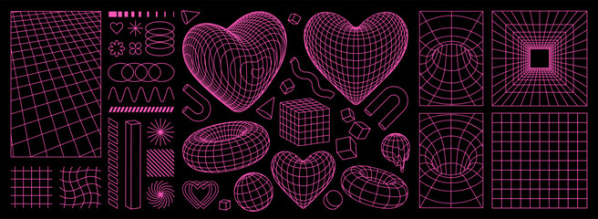 Geometry wireframe shapes and grids in neon pink color. 3D hearts, abstract backgrounds, patterns, cyberpunk elements in trendy psychedelic rave style. 00s Y2k retro futuristic aesthetic. - obrazy, fototapety, plakaty