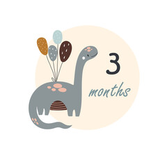 3 three months Baby month anniversary card metrics. Baby shower print with cute animal dino, flowers and palm capturing all special moments. Baby milestone card for newborn.