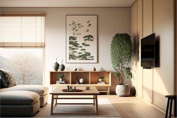 minimalist design living room japan style. Generative AI