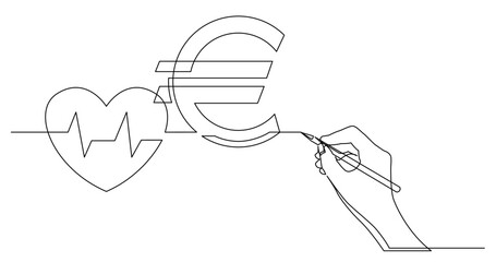 continuous line drawing vector illustration with FULLY EDITABLE STROKE of business concept sketch of heart health cost in euro