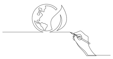 continuous line drawing vector illustration with FULLY EDITABLE STROKE of business concept sketch of of green energy planet earth symbol