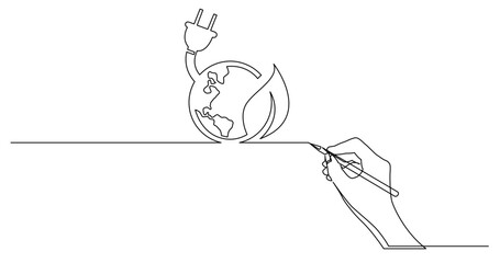 continuous line drawing vector illustration with FULLY EDITABLE STROKE of business concept sketch of of green energy planet earth