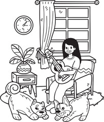 Hand Drawn The owner plays guitar with the dog in the room illustration in doodle style