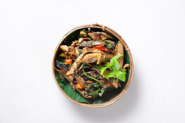 Tumis ikan pindang is  made from deep-fried tuna and then stir-fried with chilies.