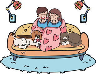 Hand Drawn owners are watching movies in blankets with dogs and cats illustration in doodle style