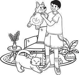 Hand Drawn The owner hugs the dog and catin the living room illustration in doodle style