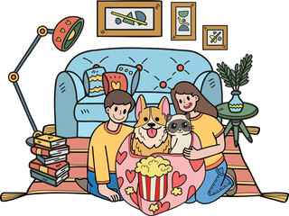 Hand Drawn owners are watching movies in blankets with dogs and cats illustration in doodle style