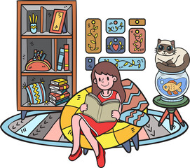 Hand Drawn The owner sits and reads a book with the cat in the living room illustration in doodle style