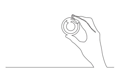 continuous line drawing vector illustration with FULLY EDITABLE STROKE of hand holding photographic camera lens