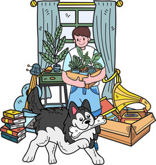 Hand Drawn Owner and husky Dog moving into a new home illustration in doodle style