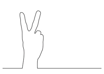 continuous line drawing vector illustration with FULLY EDITABLE STROKE of hand showing v sign