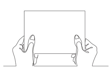 continuous line drawing vector illustration with FULLY EDITABLE STROKE of two hands holding blank piece of paper