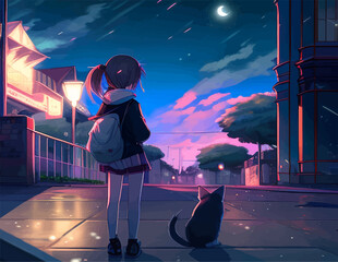 anime girl with her cute pet at night street