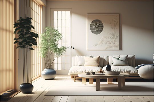 Minimalist Design Living Room Japan Style. Generative AI