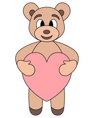 Brown bear. A teddy bear holds a pink heart in its paws. Color vector illustration. Isolated background. Cartoon style. Little bear cub. The animal brings you the symbol of lovers. Idea for web design