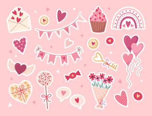 Valentine's day stickers set. Gift, heart, balloon, flowers, boho rainbow, cupcake, boucket, candy, and others for decorative elements. Flat cartoon style. Vector illustration.