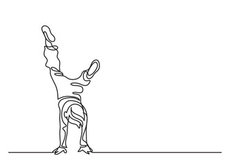 continuous line drawing vector illustration with FULLY EDITABLE STROKE of boy standing on his hands