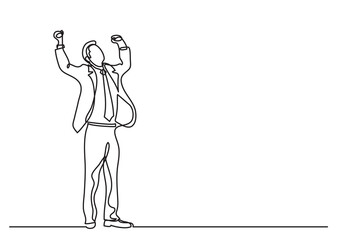 continuous line drawing vector illustration with FULLY EDITABLE STROKE of cheering businessman holding fists