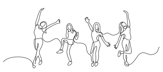 continuous line drawing vector illustration with FULLY EDITABLE STROKE of happy cheering team of girls