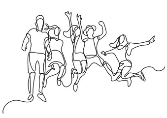 continuous line drawing vector illustration with FULLY EDITABLE STROKE of happy jumping group of youth