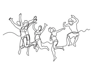 Fototapeta na wymiar continuous line drawing vector illustration with FULLY EDITABLE STROKE of happy jumping guys