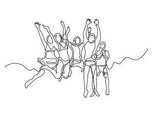 continuous line drawing vector illustration with FULLY EDITABLE STROKE of happy jumping people group