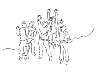 continuous line drawing vector illustration with FULLY EDITABLE STROKE of happy jumping people