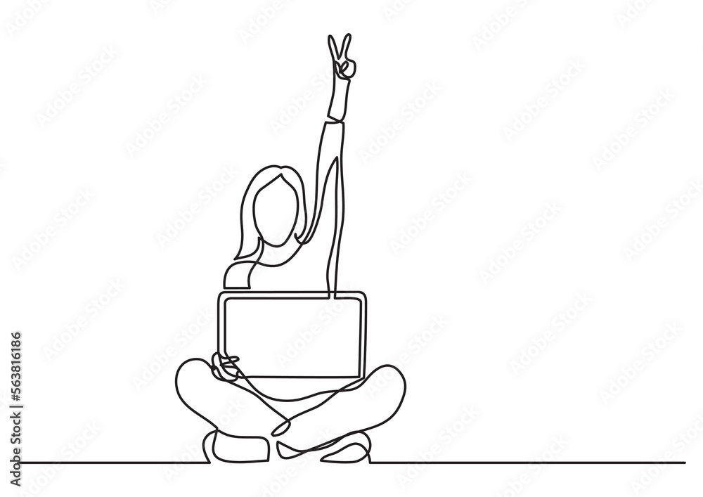 Wall mural continuous line drawing vector illustration with fully editable stroke of sitting woman with laptop 